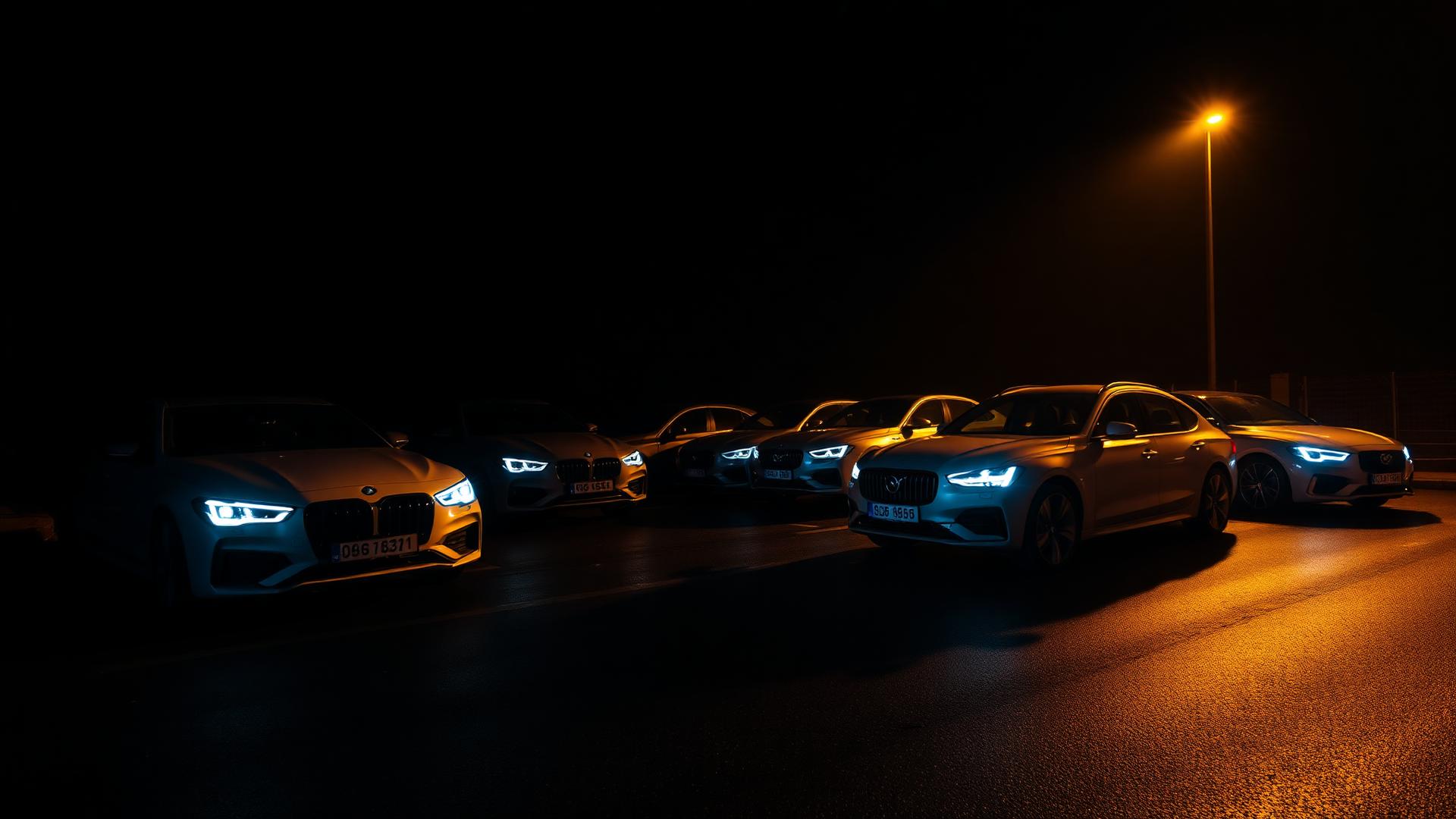 Premium rental car fleet at night